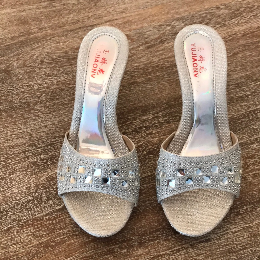 Silver Jewel Sandals with Gold Heel